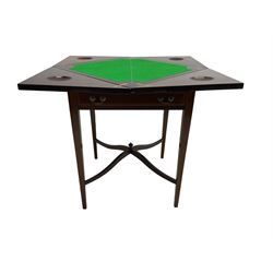 Edwardian mahogany envelope card table, four hinged square top with satinwood and ebony stringing, opening to reveal inset baize centre, fitted with single drawer, raised on square tapering supported united by waived X-stretcher