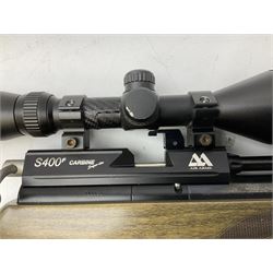 Air Arms S400F Carbine bolt-action .22 multishot air rifle, pump-up action, adjustable trigger, fitted with sound moderator and Nikko Stirling Mountmaster 3-9 x 50 telescopic sight, complete with stirrup type pump, pressure gauge etc, serial no.135456, L106cm; in gun sling