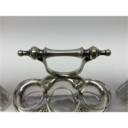 Sheffield silver-plated cruet set, comprising mustard pot, open glass salt and pepper pot on stand, together with a collection of silver plated spoons