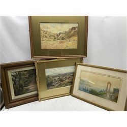 John Dixon (British early 20th century): Rural Landscape with Viaduct, watercolour signed and dated 1920; MW (British 19th century): 'Bridge Goathland', watercolour signed and dated 1862 together with a watercolour of a Mediterranean Coast with Ancient Ruins and a gouache max 26cm x 40cm (4)