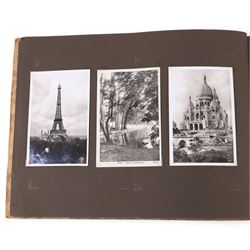 Two early to mid 20th century postcard albums, containing black and white and colour postcards of France, Turkey and Egypt, together with some personal photographs and newspaper clippings