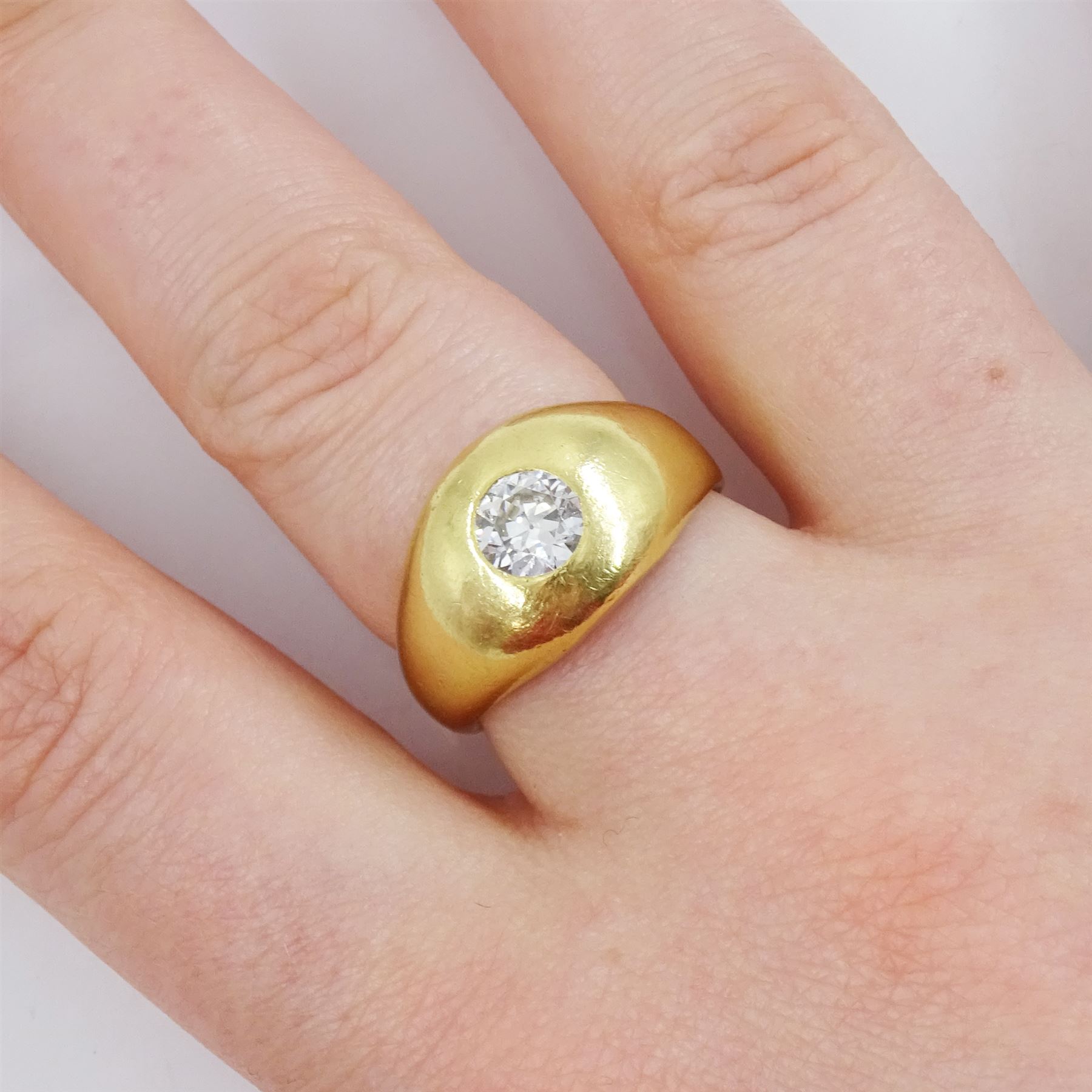 Early 20th century 18ct gold gypsy set, single stone transitional cut diamond ring, diamond approx 0.60 carat