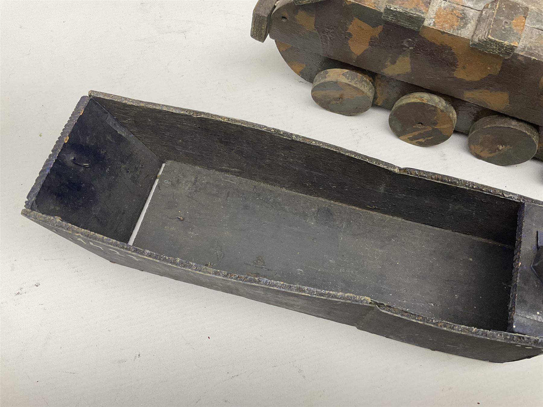 1940s French wooden eight wheel model FFI free tank, painted in brown camouflage, together with a 1940s wooden scratch built model of a landing craft, tank H18cm, W31cm