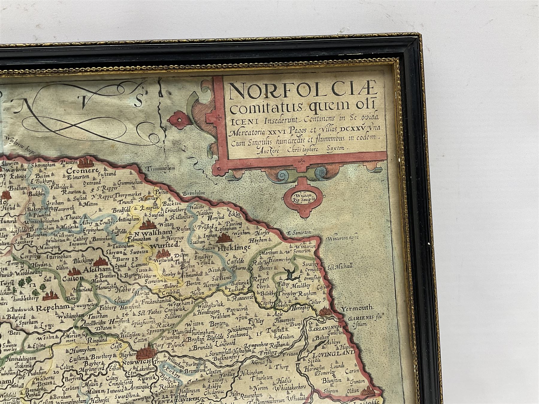 William Kip (British fl. 1588-1635) after Christopher Saxton (British 1540-1610): 'Norfolicæ comitatus quem oli icenci' Norfolk, engraved 17th century map with hand-colouring 27cm x 39cm