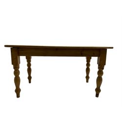 Traditional pitch pine farmhouse table, rectangular top raised on turned supports