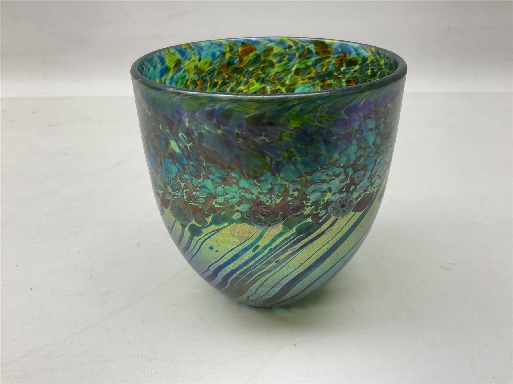 RTV -Jonathan Harris glass cup vase in the 'Everglades' pattern, of floral and striped blue, green and purple iridescent design, with etched 'Ironbridge 2004' mark beneath, with box, H11cm