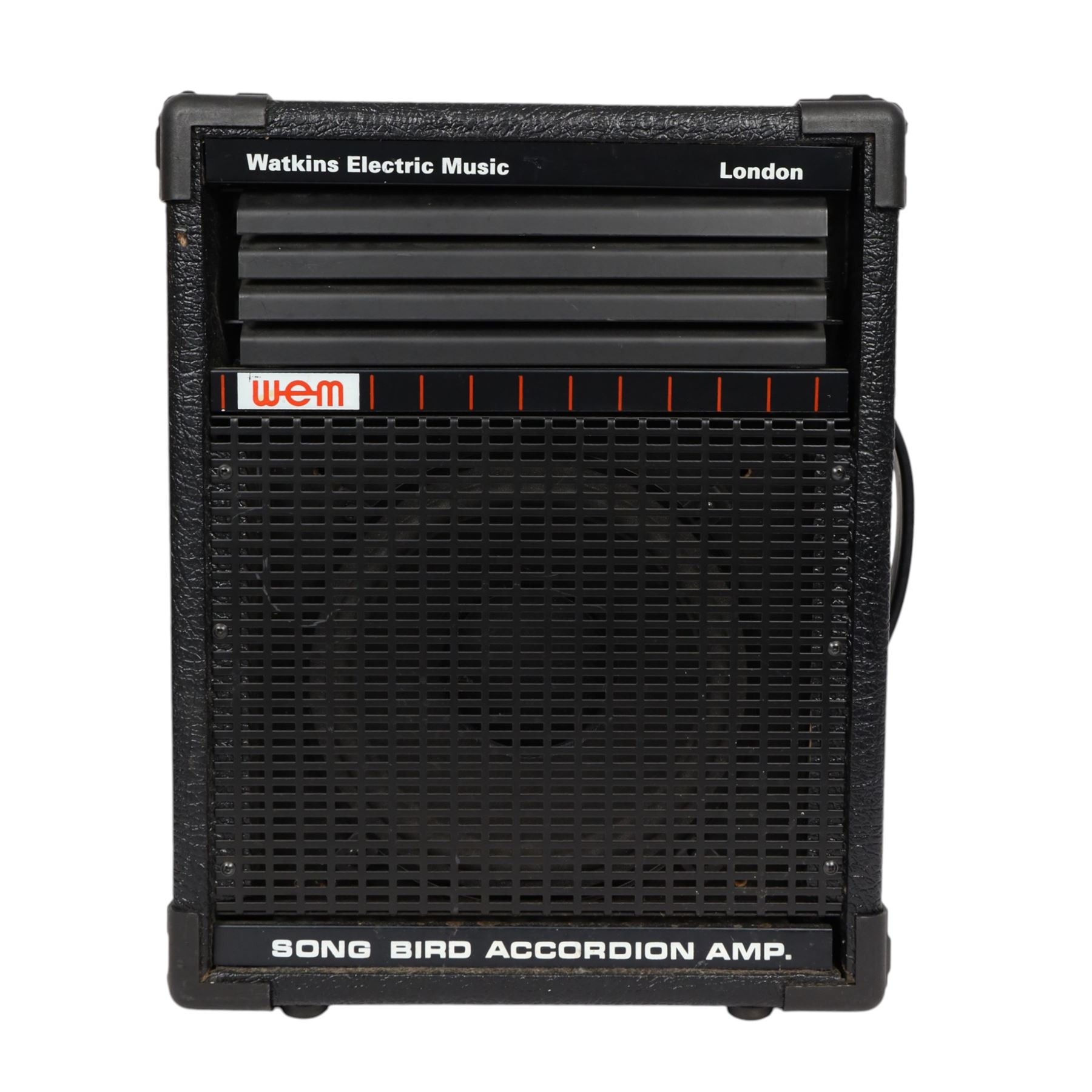 Nine Watkins WEM Song Bird Accordion amplifiers and speakers, including three Silver Songbird Full Range speakers, two Song Bird 200 amplifiers, two WEM amplifier heads and two Song Bird 200 speakers, largest H50cm 