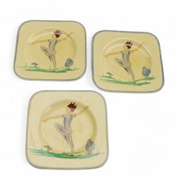 Susie Cooper Puck pattern twin-handled tray and four serving plates, decorated with a dancing figure and toadstools, tray L32cm plates D13cm