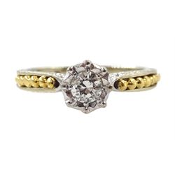 18ct white gold single stone diamond ring, with yellow gold bead design shoulders, London 1979, diamond approx 0.15 carat