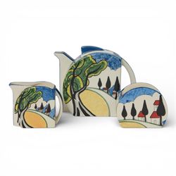 Wedgwood Bizarre by Clarice Cliff, May Avenue three piece Stamford teaset hand painted bas...