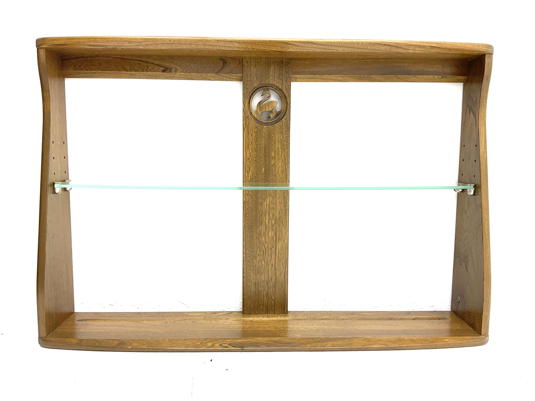 Ercol medium elm two tier wall plate rack, and additional Ercol two tier wall plate rack, with glass shelf and swan detail. 