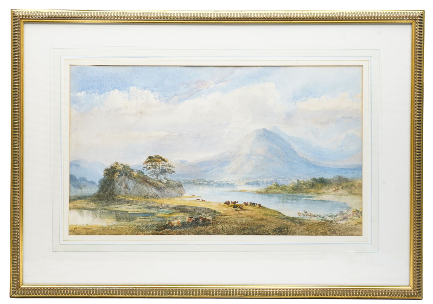 Attrib. Charles Frederick Buckley (British 1812-1869): 'Lower Lake, Killarney - from The Lake Hotel', watercolour, signed with initials and titled on label verso 31cm x 54cm