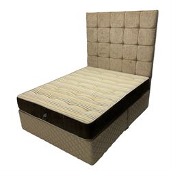 5’ Kingsize divan bed with mattress and headboard, tall buttoned head board upholstered in champagne fabric