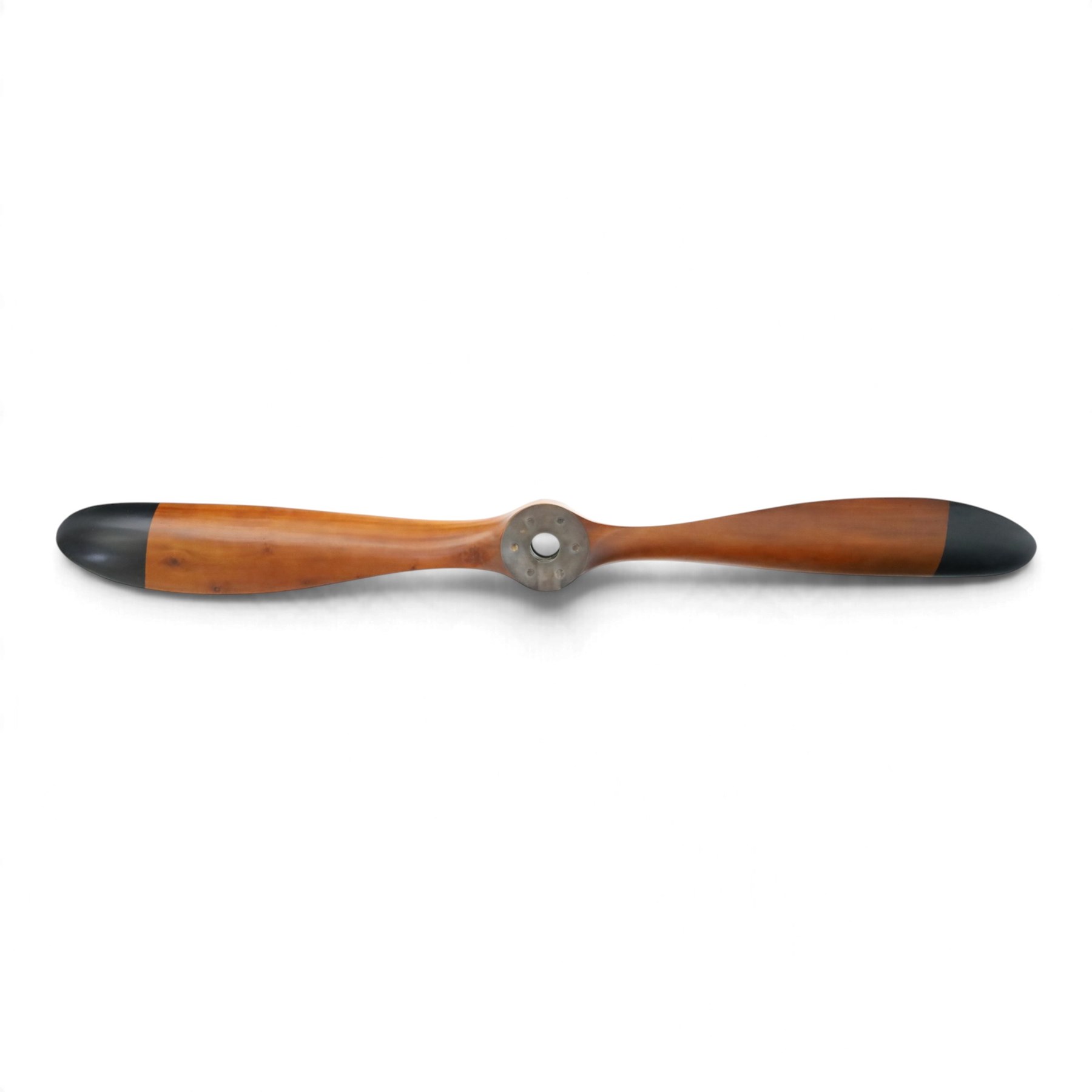 Aviation design two-blade mahogany propeller, shaped blades with black painted ends, central mounting aperture within a circular six-bolt metal hub plate