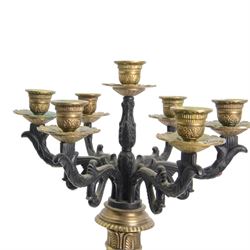 Pair of 20th century Corinthian column seven branch candelabra, with gilt brass sconces and swept acanthus leaf pedestal bases, H69cm (2)