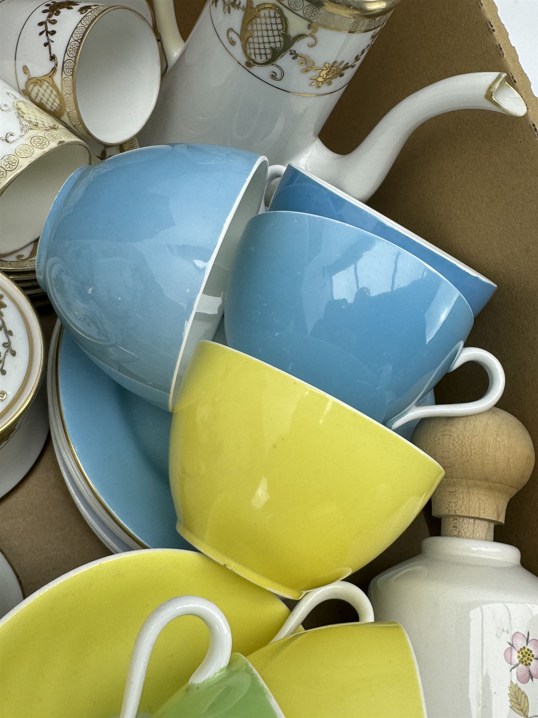 Aynsley harlequin cups and saucers, Royal Albert Old Country Roses vase and cover, Noritake coffee wares, Wedgwood Everest Goblet and various ceramics in two boxes