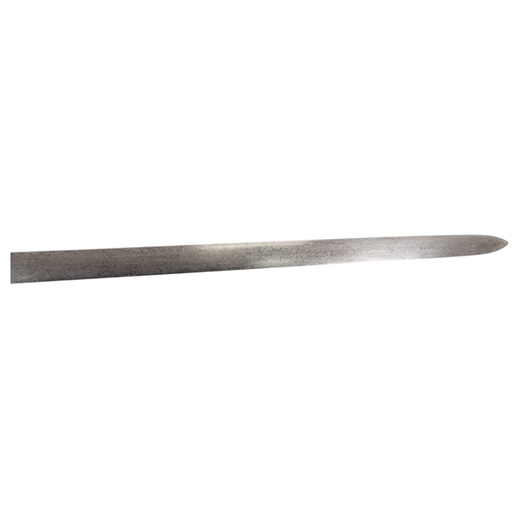 British heavy cavalry officer's sword, 1796 pattern by Thomas Osborn, the 82cm straight double edged blade with central fuller engraved to both sides, with gilded brass boat shaped guard, grip of silver foil over wooden former, within a steel scabbard with twin suspension rings, overall L106cm