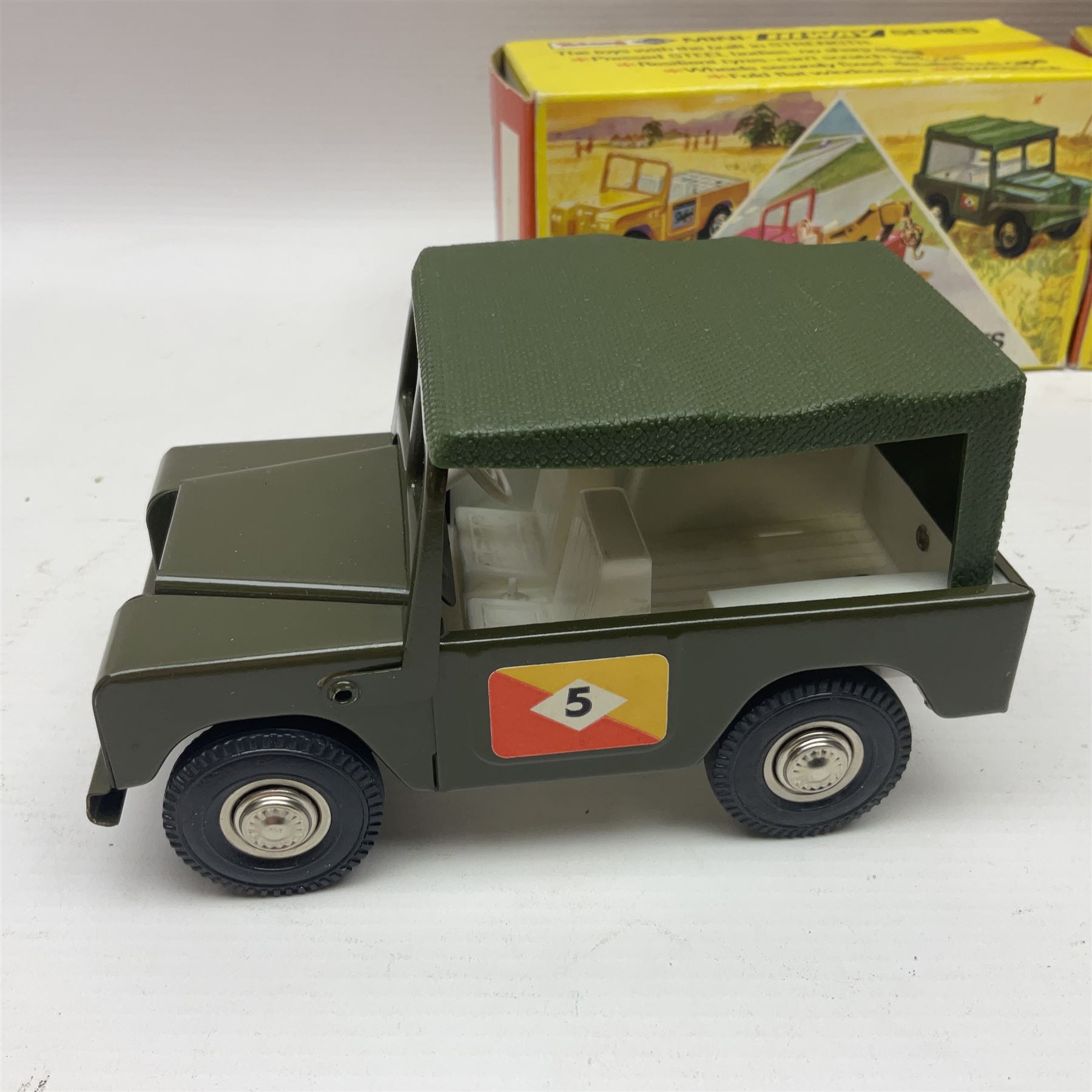 Tri-Ang - Mini Hi-Way Series tin-plate Land Rover with Canopy and Service Truck in red; both in original boxes 