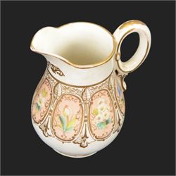 19th century and later ceramic jugs, including small Royal Crown Derby example, painted with florals and gilt leaves, Adams Jasperware Hull jug with town crest, floral KPM example and a Georgian example inscribed Joshua Longfield 1921, etc, tallest H12cm