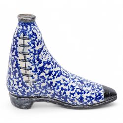 19th century Scottish pearlware flask in the form of a boot with sponged blue decoration 16cm x 19cm