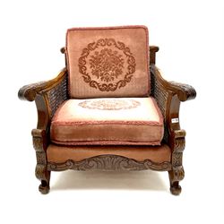 Early 20th century bergere armchair, double cane work sides, acanthus carved scrolling arms and supports 