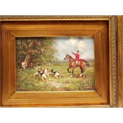 L Turner (British 20th century): Huntsman and Hounds, pair oils on board signed in heavy gilt frames (2)