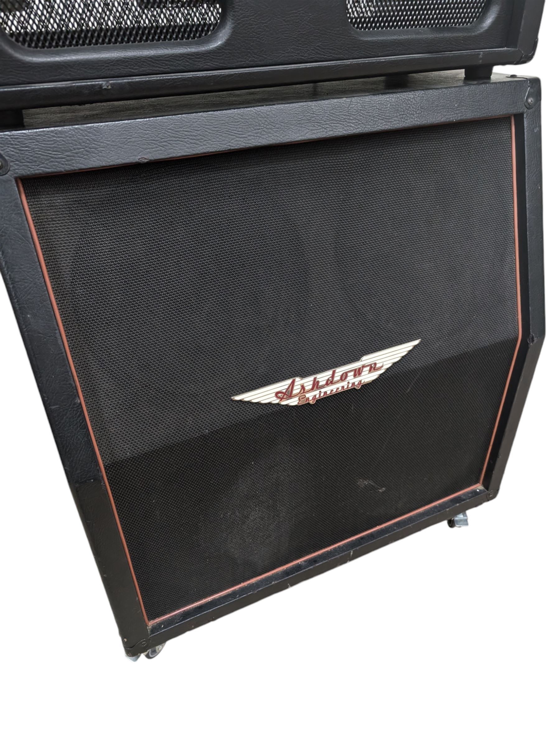 Ashdown Engineering Fallen Angel 60 DSP guitar amplifier head model no. FA60H, serial no. 18930406, 4 x 12 speaker cabinet, model no. FA 412A serial no. 20210106, and a four-button foot pedal, head H24cm, W70cm, cab H78cm, W70cm