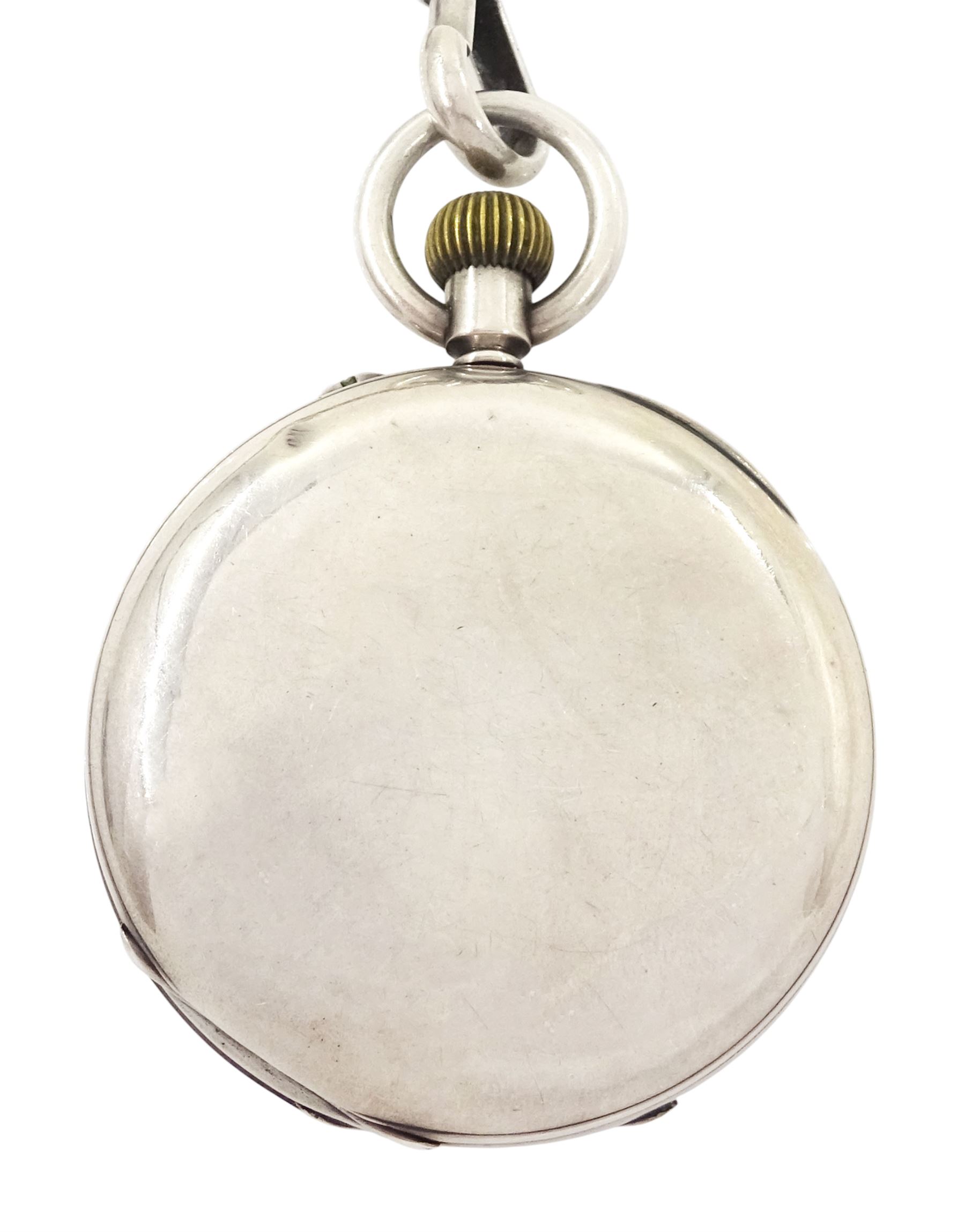 Victorian silver half hunter keyless lever pocket watch by Arthur Jack & Co, Cheltenham, No. 28881, white enamel dial with Roman numeral hour markers and subsidiary seconds dial, case by Errington Watch Company, Birmingham 1898, on silver Albert chain by Edwin Page, Chester 1904 with additional silver case
