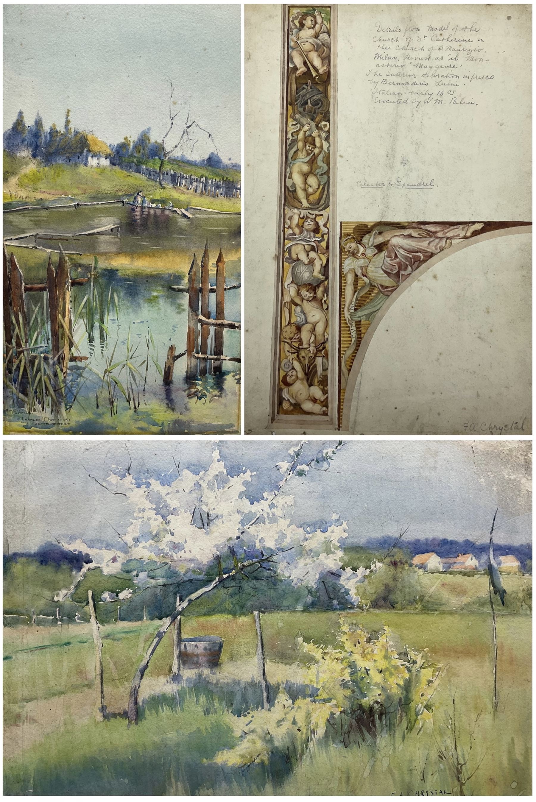 Frances A Chrystal (19th/20th century): 'Siretz Russia', watercolour signed titled and dated 1900, 49cm x 27cm; a similar landscape a study of a Milan Church window (unframed) (3)
Notes: Chrystal studied Manchester School of Art, one inscribed verso