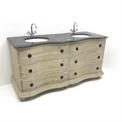  Serpentine front double vanity sink unit with moulded marble top, four drawers, bun feet, W170cm, H86cm, D65cm  