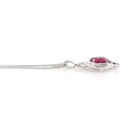 
18ct white gold ruby and diamond pendant necklace, single oval cut ruby of approx 2.50 carat, with single cut diamond surround, on a flattened curb link chain necklace
