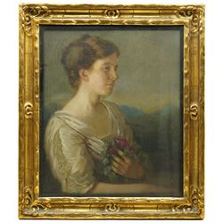 Eric B George (British 19th/20th Century): Portrait of an Edwardian Lady Holding Roses, oil on canvas signed and dated 1910, 60cm x 50cm