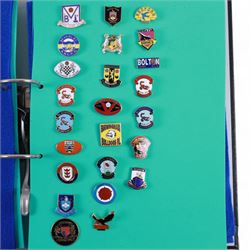 Amateur rugby league enamel badge collection, teams including Birmingham Bulldogs, Bridlington, Dudley Hill, Duke of York, Edinburgh Eagles, Guiseley, Rangers, Huntingdon, Keighley Town, Leigh Miners, Pilkington Recs, St Josephs, Thornhill Trojans, West London Sharks etc, all displayed in three folders and six amateur league badges from Leeds & District, Hull & District, York & District, Warrington, Lancashire County and Yorks County in box display, (approximately 270)