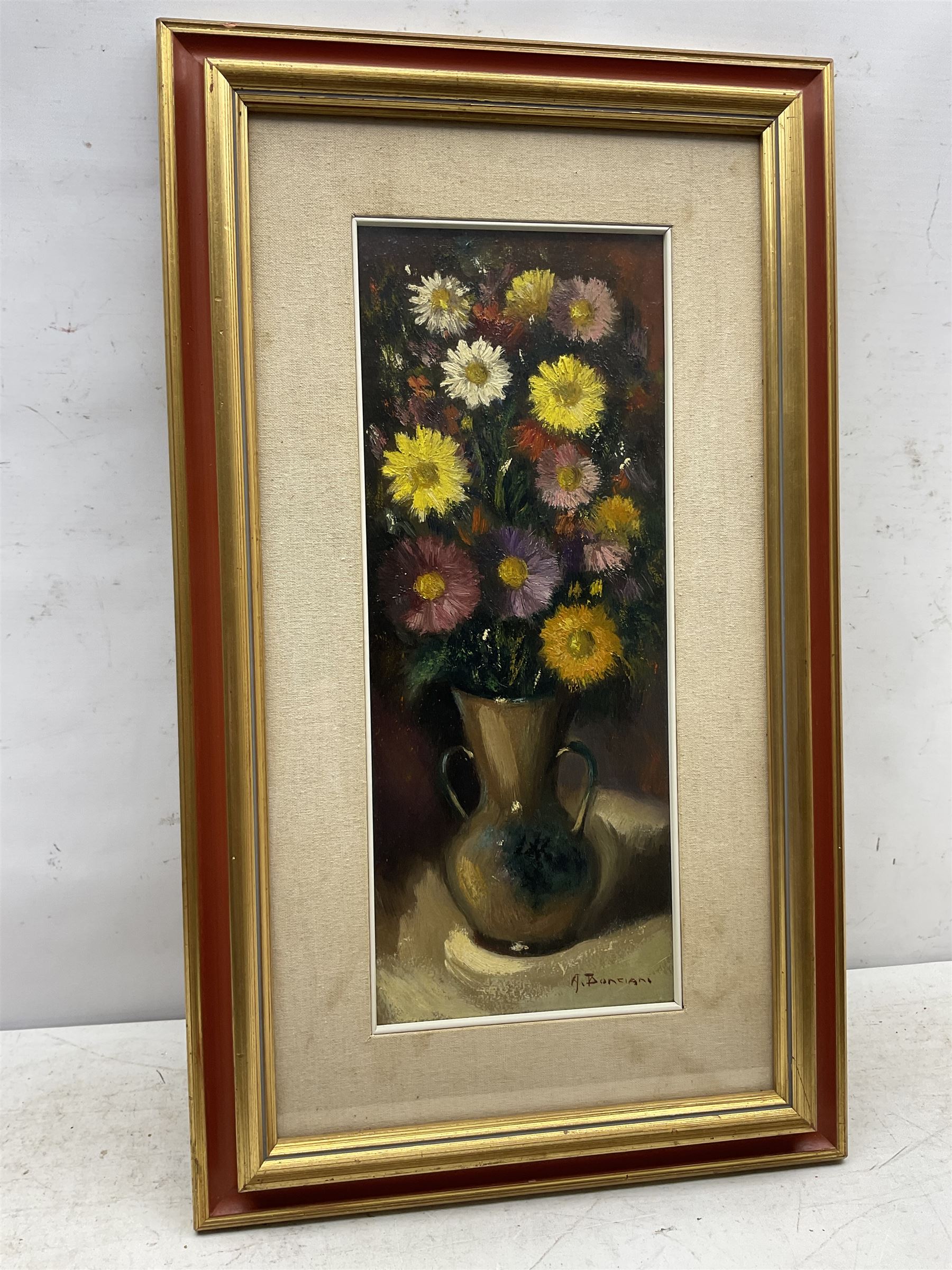 Alfredo Bonciani (Italian 1902-1988 ): Flowers in an Earthenware Vase, oil on board signed, artist's studio label verso 49cm x 19cm