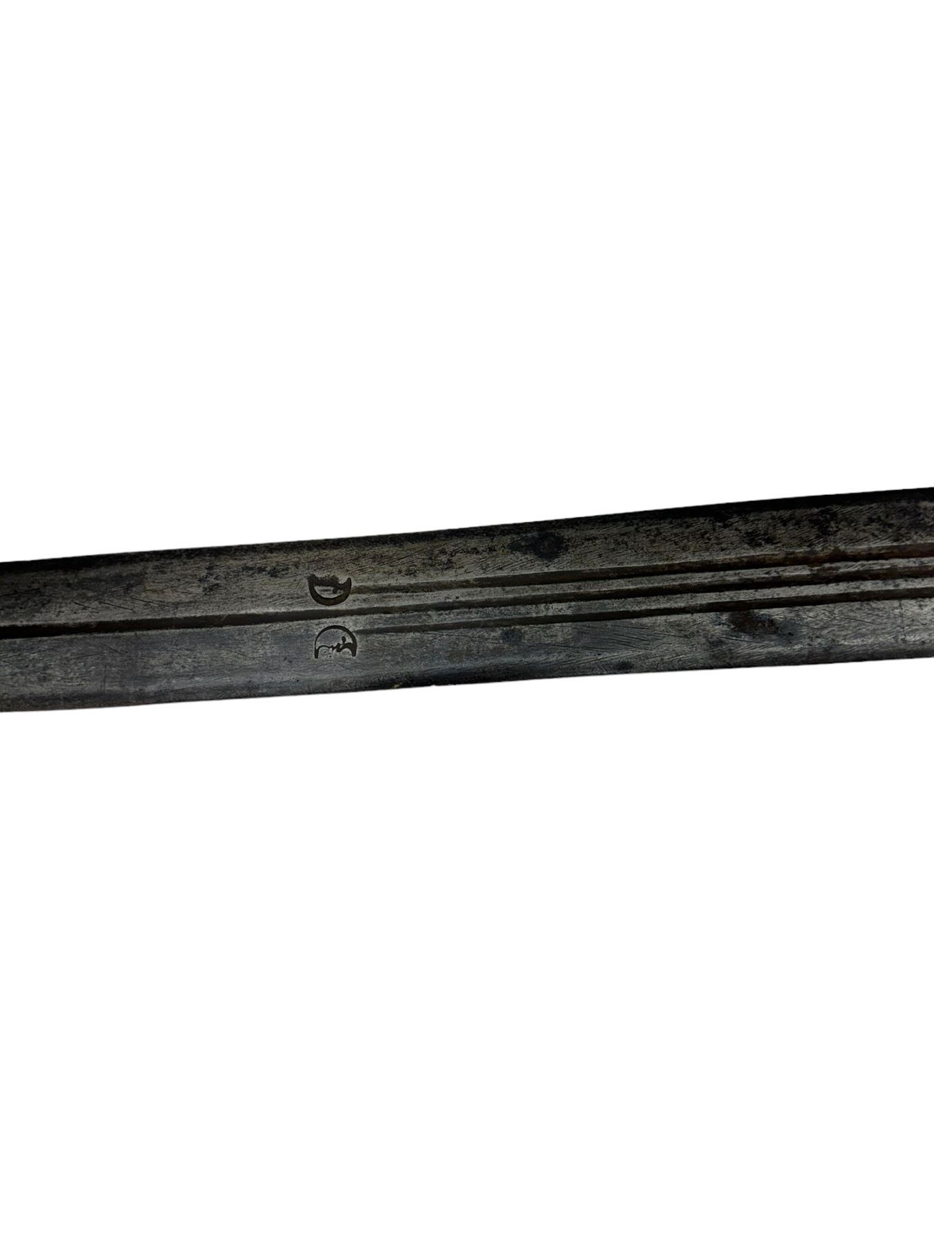 Scottish basket-hilted sword, double-edged blade L95cm cut with three narrow fullers, marked with a pair of crescent moons, L112cm 