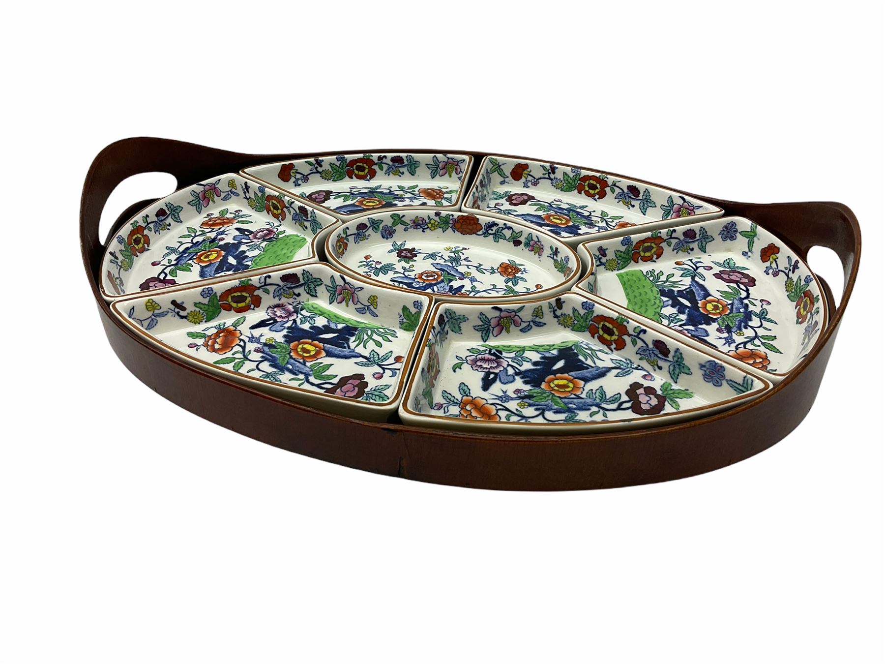 Booths Hors d'Oeuvres or supper set decorated in the Pompadour pattern, comprising seven dishes upon wooden tray L42.5cm, together with a bowl, D11.5cm, and six side plates, D19cm. 