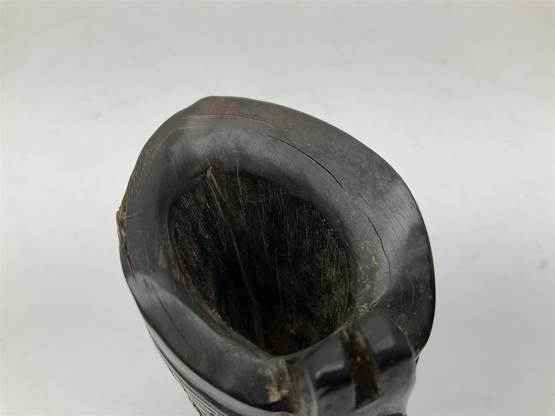 Chinese horn blood collection cup, carved with dragons and key fret border, H9.5cm