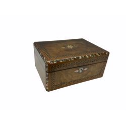 Early 20th century figured walnut box with abalone and inset mother of pearl detail, fabric lining to the underside of the hinged cover, H14cm. 