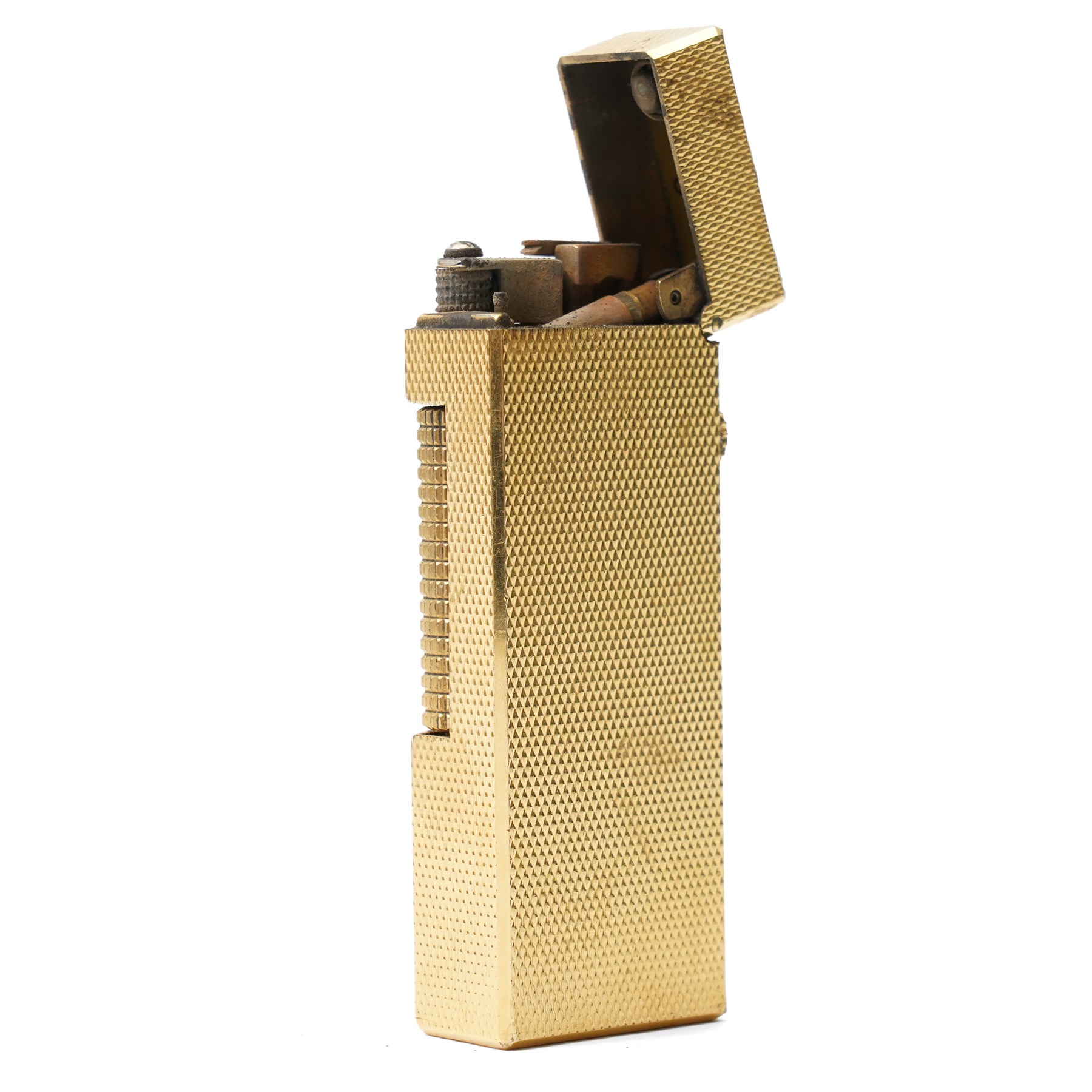 Dunhill - Rollagas lighter, gilt metal with engine-turned decoration and ribbed thumbpiece, H6.5cm 