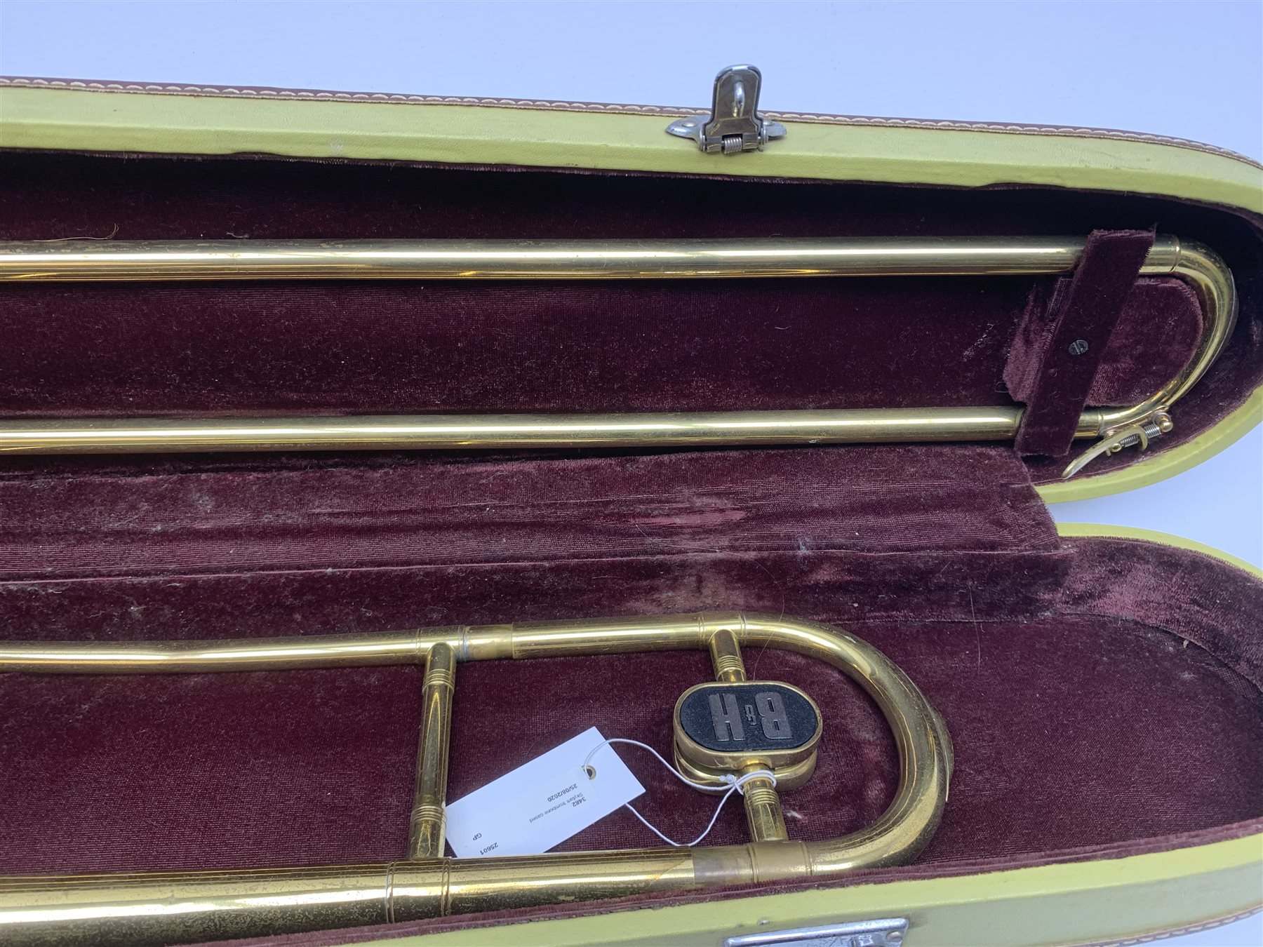 Skylark brass two-piece trombone, in fitted case with mouthpiece