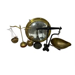 Brass circular convex mirror, iron and brass weighing scales and other brass scales, mirror D36cm