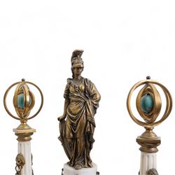 Chevallier of Paris - An early 19th century French Louis XV style white marble and gilt mounted portico clock surmounted by a figure from classical antiquity, with a drum case supported on a pair of reeded and tapered supports with celestial finials raised on a rectangular plinth base, with a white enamel dial with Roman numerals, five minute Arabic's, minute track and makers name,  8-day twin train countwheel movement with a silk suspension, striking the hours and half hours on a bell. 
With pendulum.