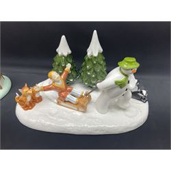 Three Coalport Characters The Snowman figures, comprising Dinner for Two, Off Piste and Winter Fun, all with certificates and original boxes 