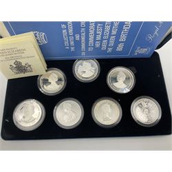 The Royal Mint silver proof seven coin set, comprising United Kingdom and six Commonwealth crowns, commemorating 'Her Majesty Queen Elizabeth The Queen Mother's 80th Birthday', cased with certificate