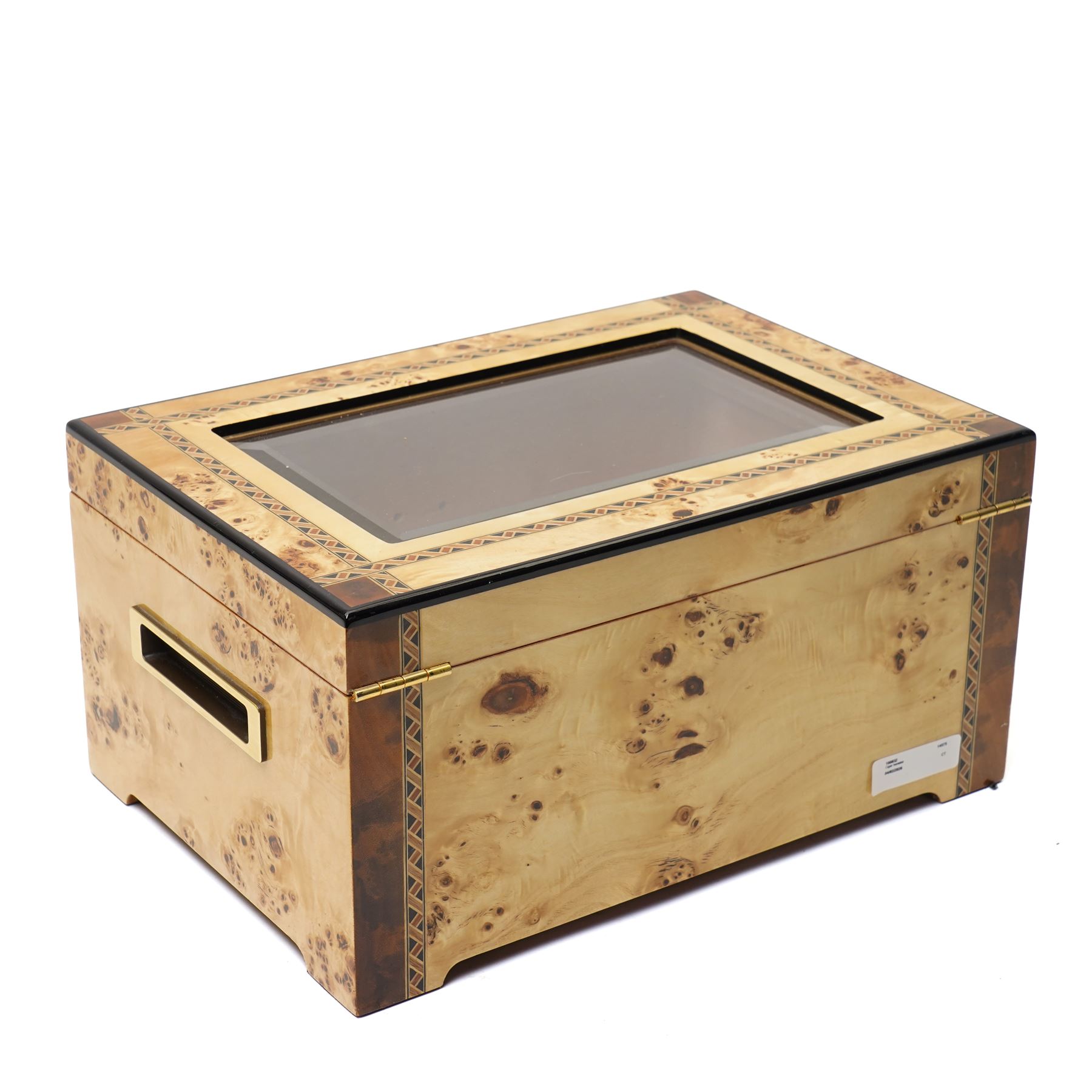 Modern burr wood  humidor, the hinged lid inset with a glass panel, recessed side handles and single drawer 35cm x 25cm x 18cm