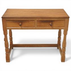 Mouseman - oak side table, rectangular adzed top, fitted with two drawers with turned wood...