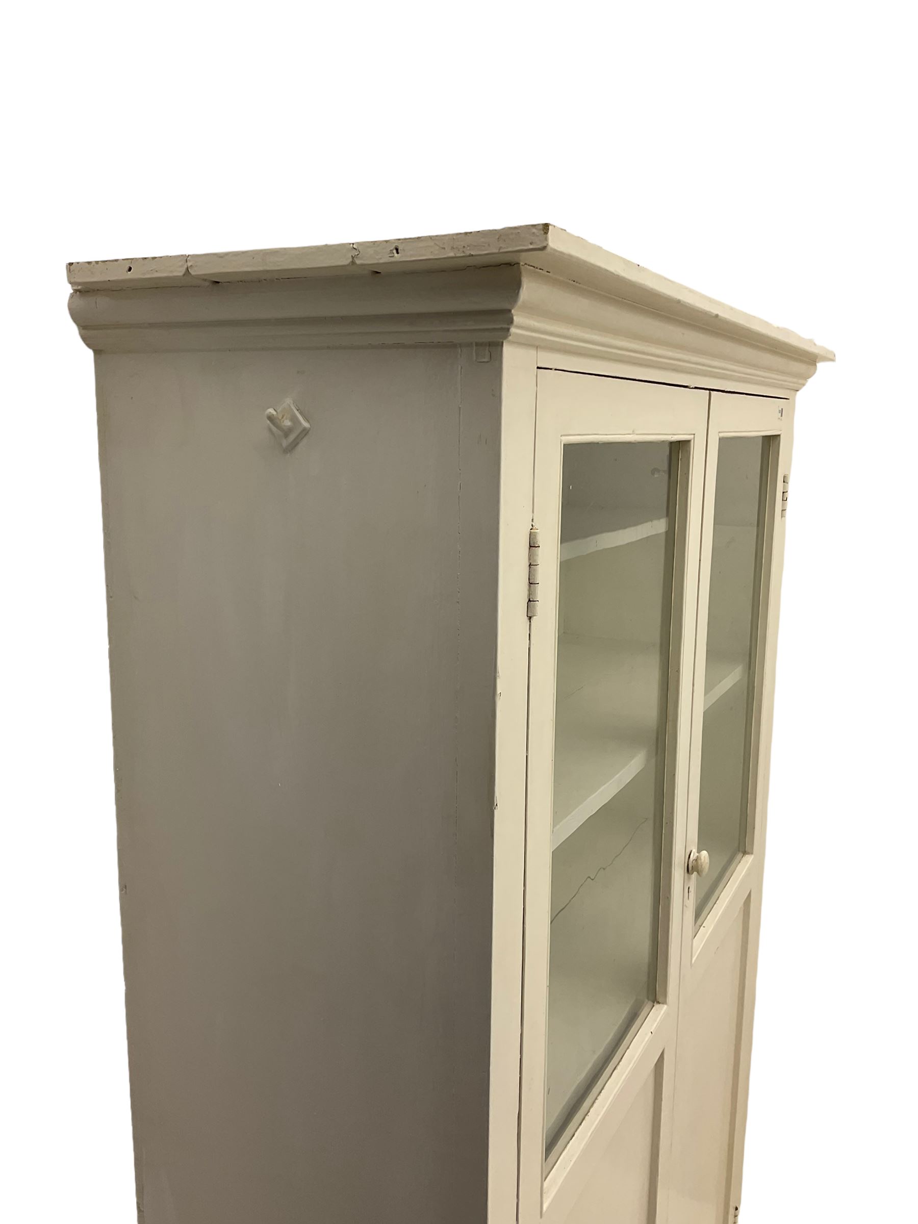 19th century painted pine kitchen cupboard, enclosed by two part glazed doors