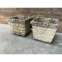 Cast stone garden squirrel, and a pair of cast stone square tapering planters (3)