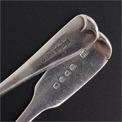 Pair of silver table spoons engraved with initials,  Sheffield 1926 Maker Pinder Bros. George III table spoon London 1803 and three other 19th century table spoons, various dates and makers