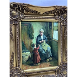 Dutch School (Late 20th century): Mothers and Children, pair oils on board indistinctly signed 24cm x 19cm (2) 